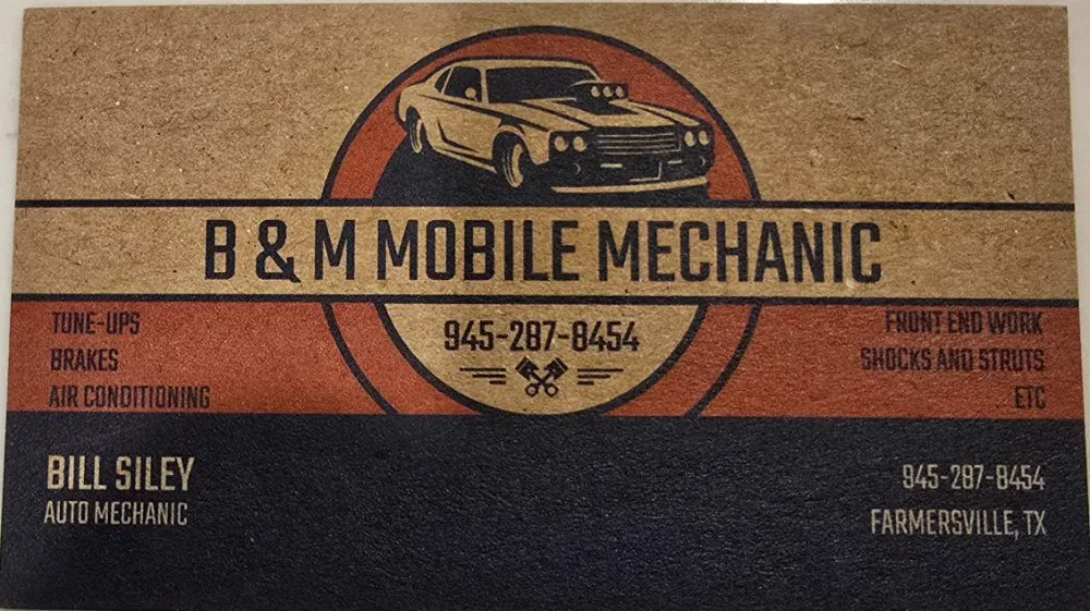 B&M Mobile Mechanic business card listing tune-ups, brakes, and AC work