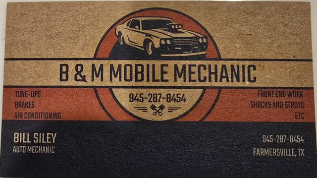 B&M Mobile Mechanic business card listing tune-ups, brakes, and AC work