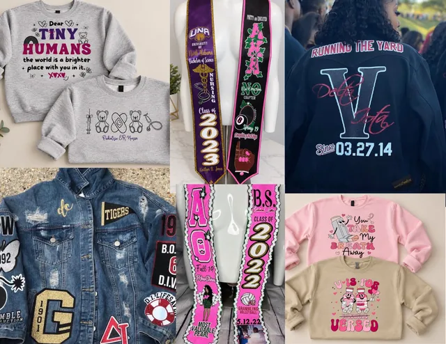 Collage of custom sweatshirts, graduation stoles, and a patched denim jacket