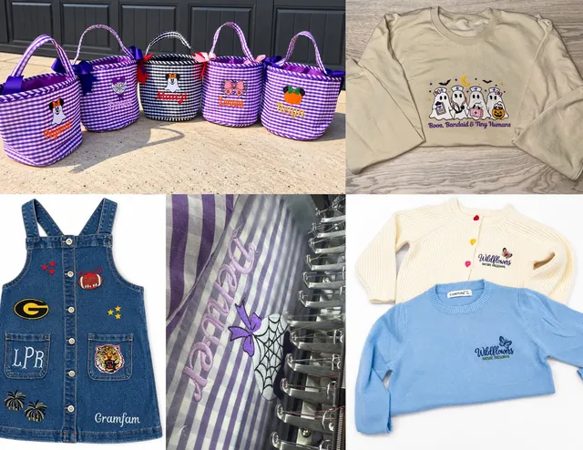 Embroidered Halloween baskets, sweaters, and a denim jumper