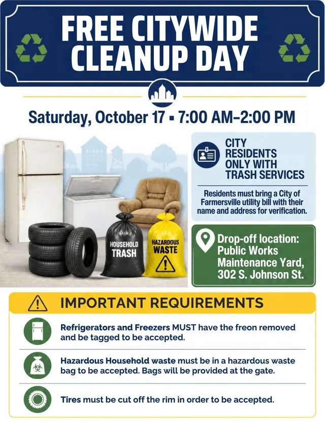City of Farmersville flyer for Free Citywide Cleanup Day, October 17, 7am to 2pm, at the Public Works Maintenance Yard
