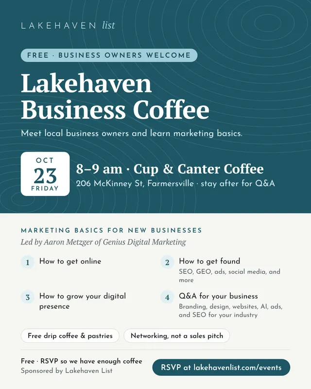 Lakehaven Business Coffee flyer: Friday, October 23, 8 to 9 am at Cup & Canter Coffee, 206 McKinney St, Farmersville. Free drip coffee and pastries, networking, and marketing basics led by Aaron Metzger of Genius Digital Marketing.