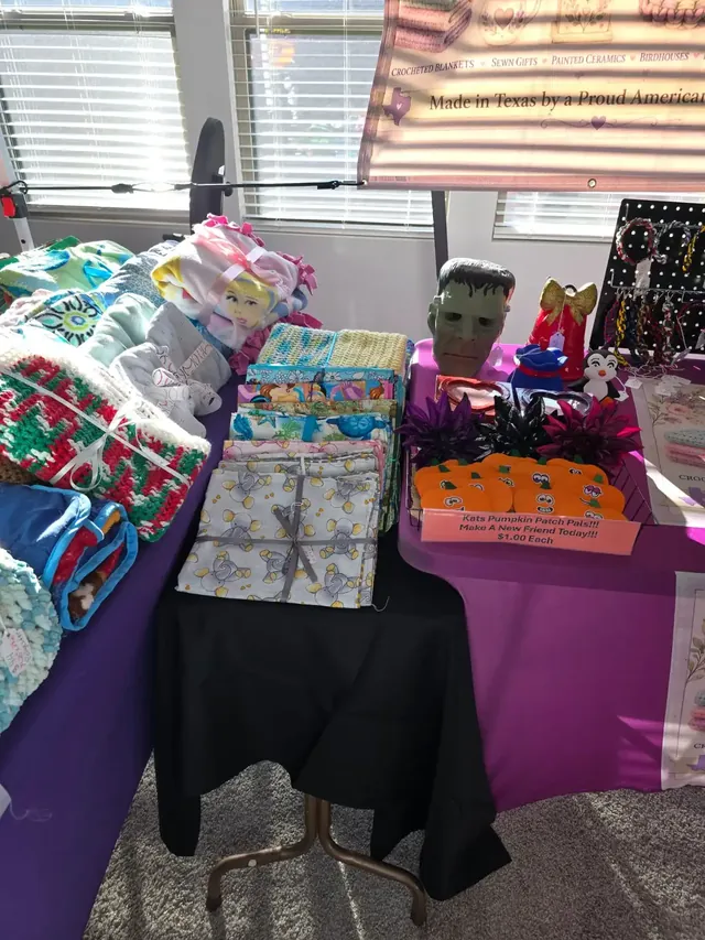 Crocheted blankets and seasonal crafts on display