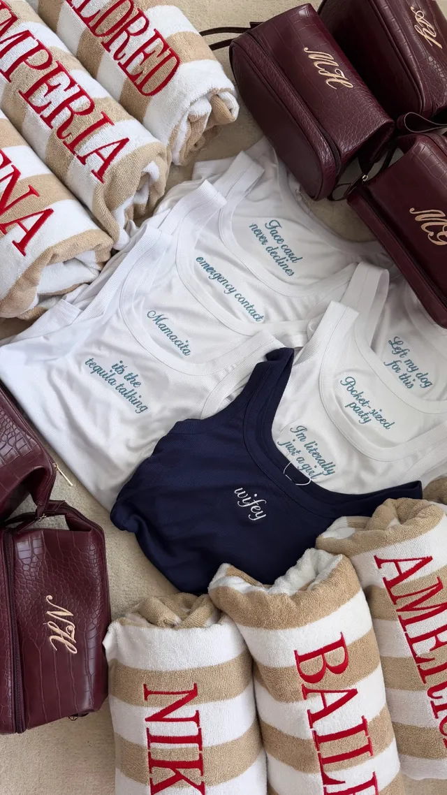Monogrammed tees, towels, and toiletry bags
